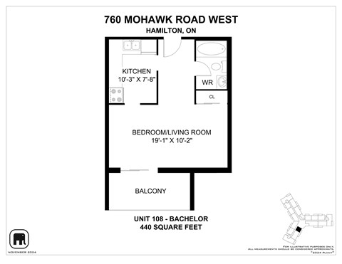 Floor plan for studio, 1 bath, 440 sqft